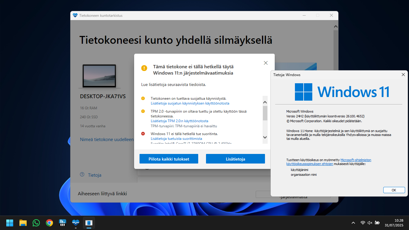 Windows PC Health Check - Windows 11 yhteensopivuuskysely iäkkäällä tietokoneella, jossa kuitenkin Windows 11 asennettuna